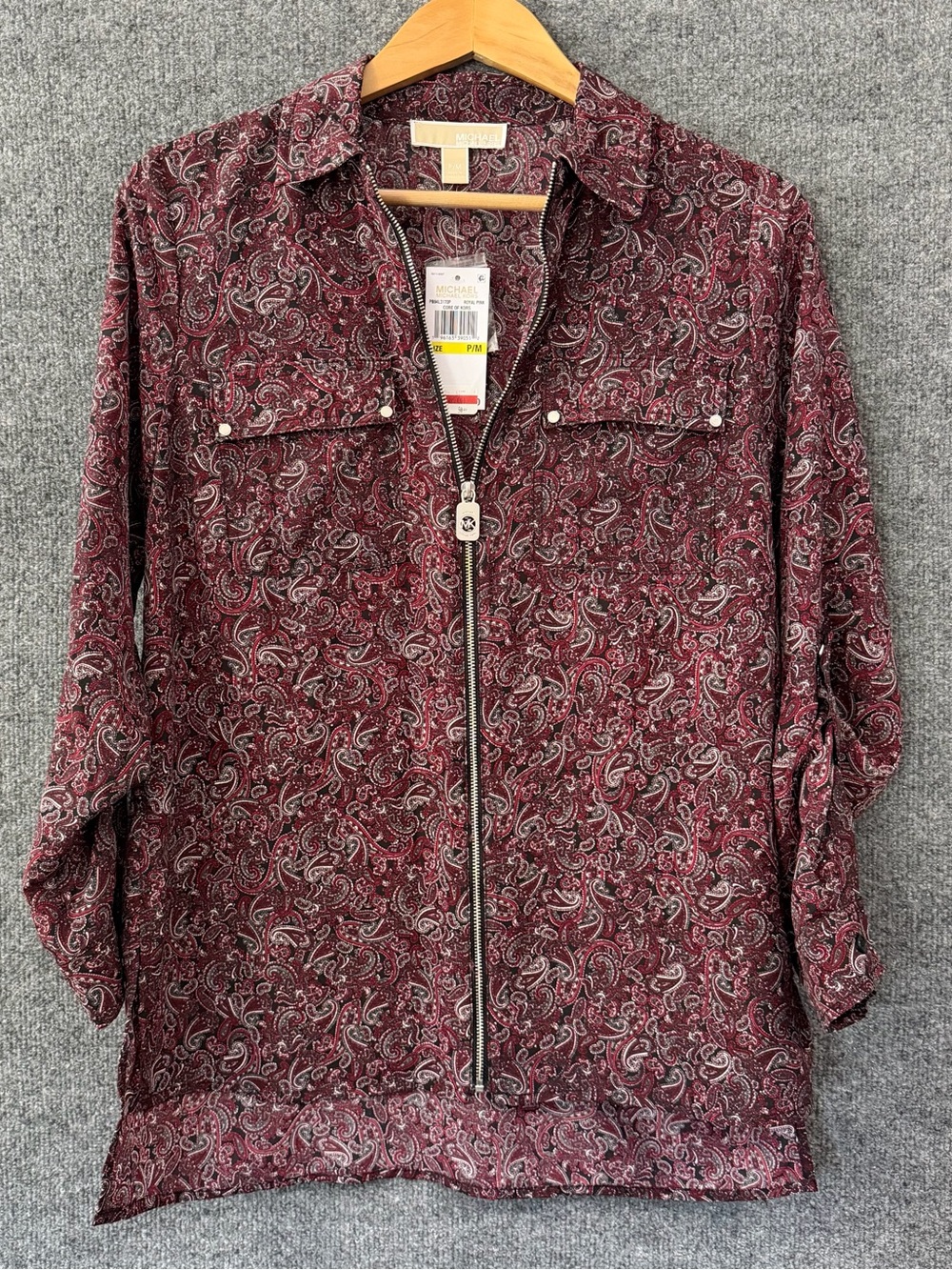 Michael Kors Womens Paisley Full Zip Top Size Medium Petite Burgundy Office